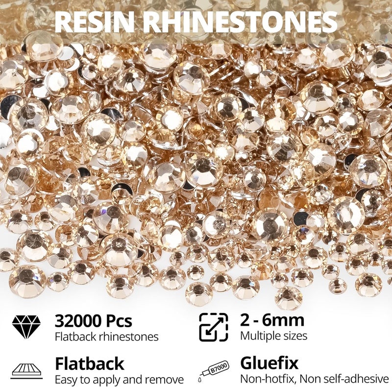 Worthofbest 32000Pcs Gold Champagne Rhinestones for Bedazzling, Resin 2,3,4,5,6mm Mix Sizes Flatback Bedazzle Tan Gems Diamonds Gemstones Jewels Stones Crystals with B7000 Glue for Crafting Crafts Clothes - Image 2